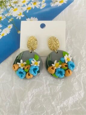 Floral Polymer Clay Dangle Earrings — Blue,Mustard and White Blooms